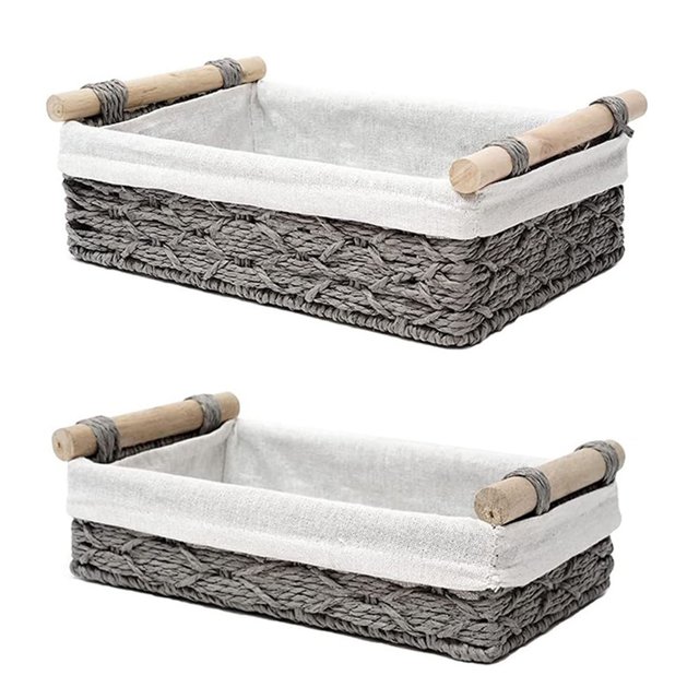 LCXmlly Woven Storage Basket 2Pcs/Set Desktop Storage Basket Modern Rustic Handmade Wooden Multifunctional Countertop Makeup Sundries Snack Organizer