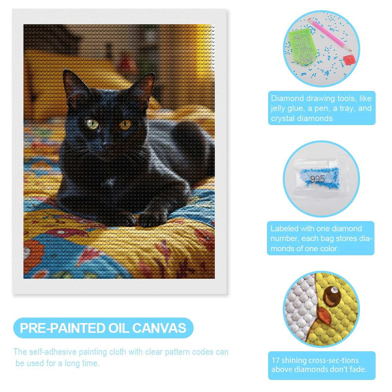 Diamond Art Kit for Adults, Black Cat Colorful Bed Quilt Diamond Painting for Adults Beginners, 5D DIY Diamond Art Painting Kits, Colorful Diamond Painting Craft for Home Decor 12x16