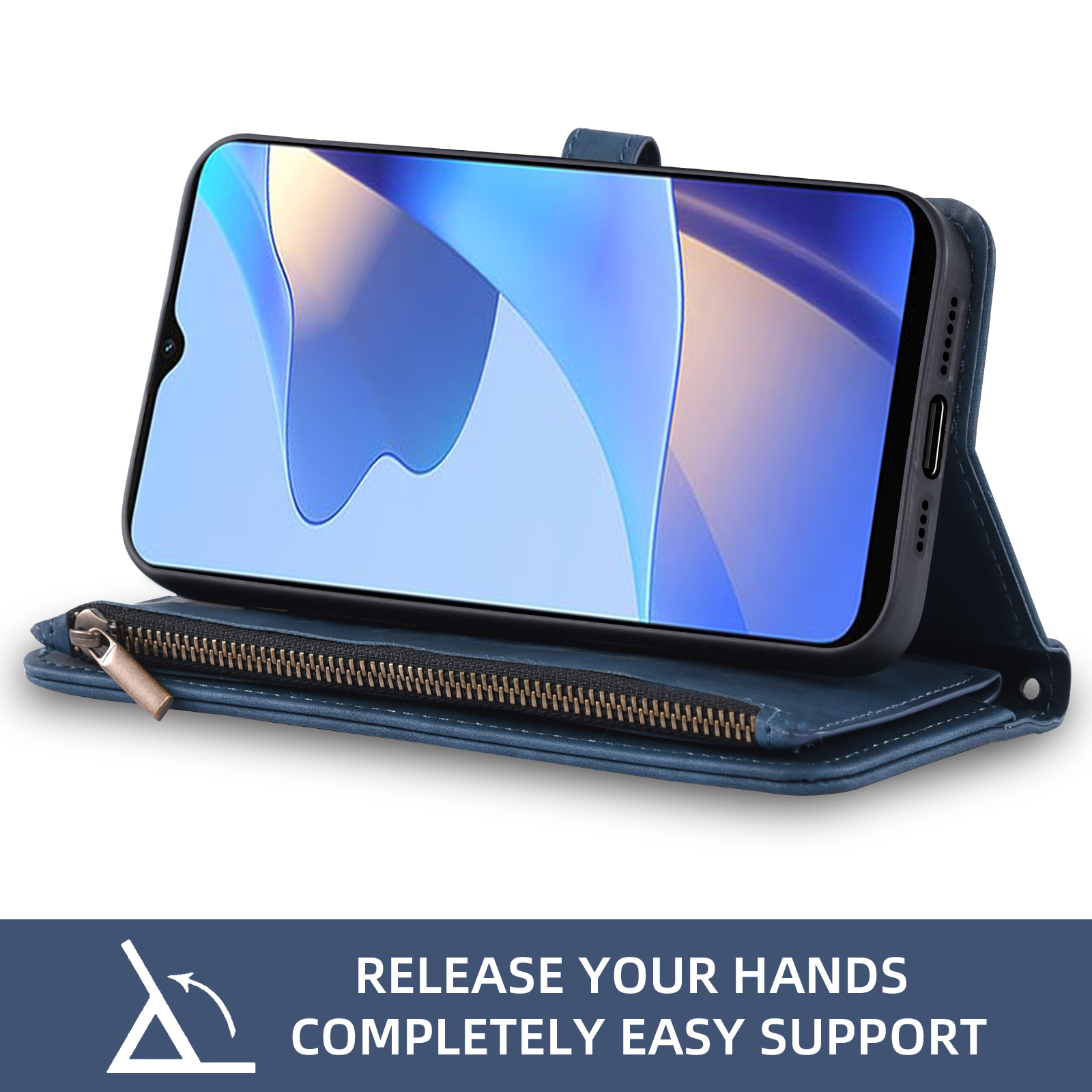 Asuwish Phone Case for Samsung Galaxy A16 5G/4G Wallet Cover With Tempered Glass Screen Protector Crossbody Wrist Strap Flip Pattern Zipper Credit Card Holder Stand Cell A 16 16A SM-A166U Women Blue