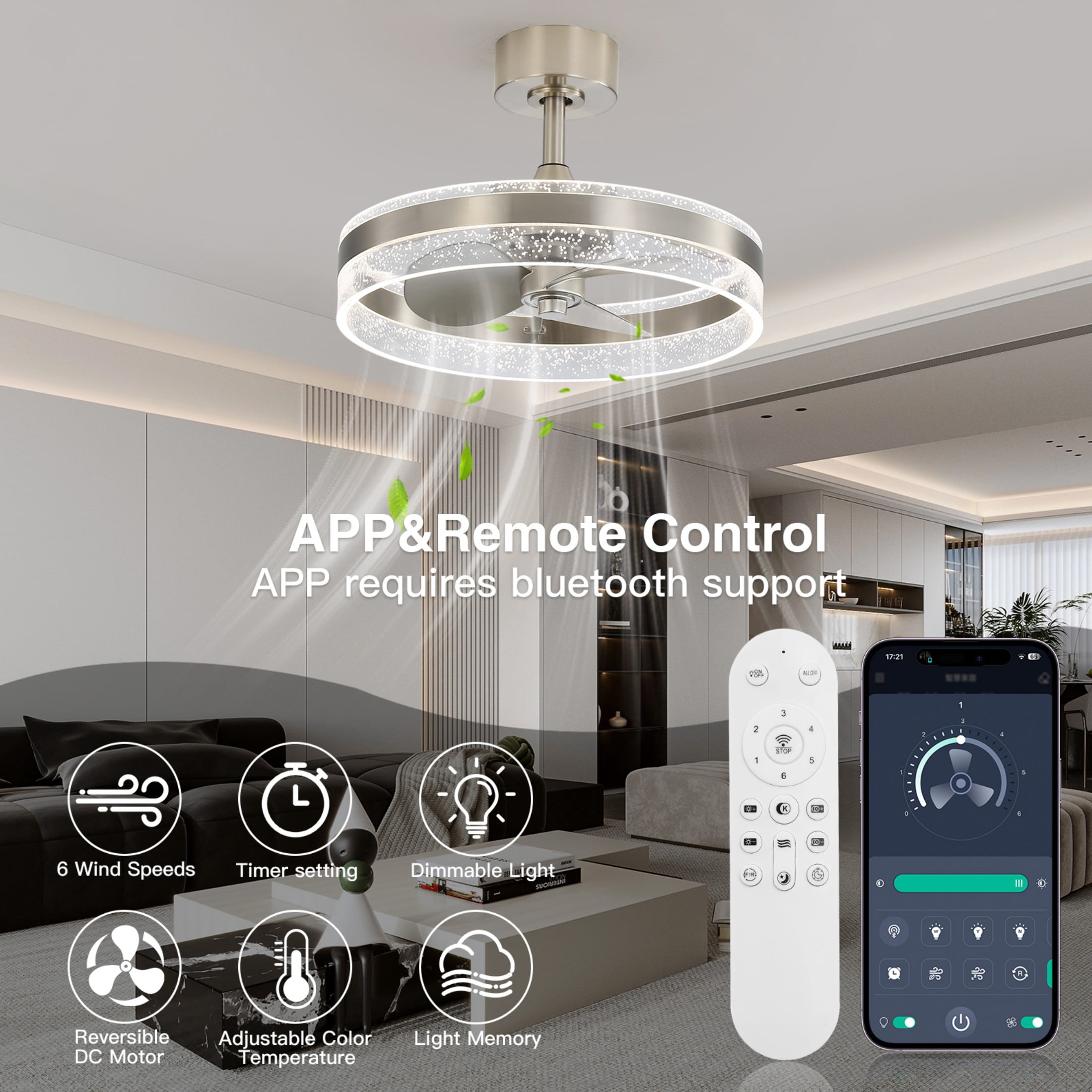 Sofucor 20" Ceiling Fan with Light - 3 Colors Lighting, 6 Wind Speeds, Remote Control&APP, Modern Dimmable LED, Smart Ceiling Fan for Bedroom(Nickel)