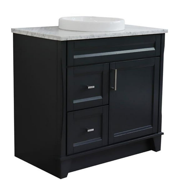 37 in. Single Sink Vanity with Carrara Marble Top, Dark Gray & White - Center Round Sink & Right Drawers