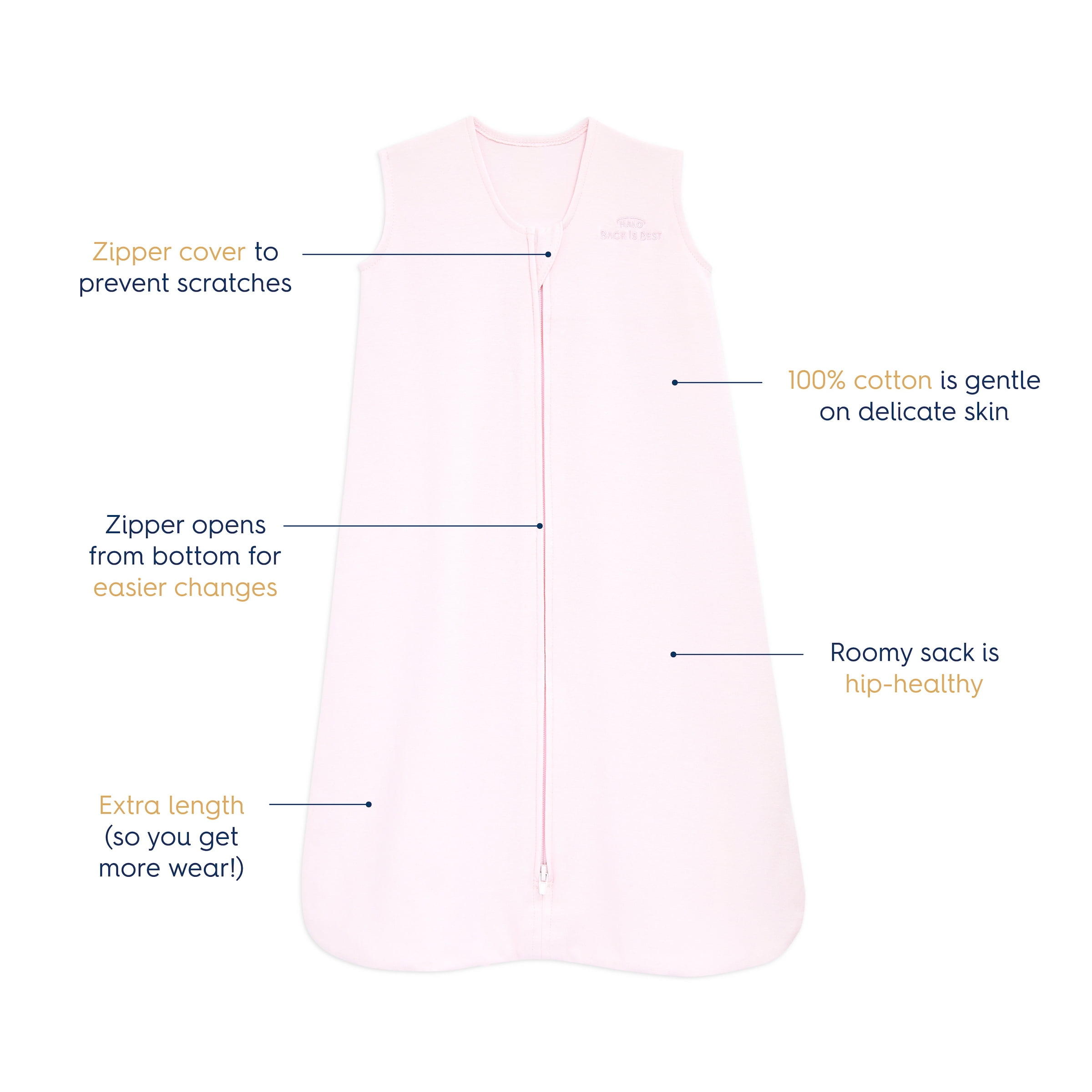 HALO◦ SleepSack◦ Wearable Blanket, 100% Cotton, Soft Pink, Girls, Infant Girls, Small, 0-6 Months