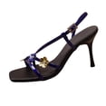 thumbnail image 1 of Black Women'S Heeled Slides Square Toe Patent Leather Rhinestone Flower Buckle Ankle Strap Solid Color Breathable Sandals For Spring Summer Wear Size 36, 1 of 9