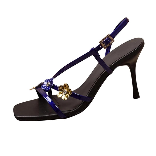 Black Women'S Heeled Slides Square Toe Patent Leather Rhinestone Flower Buckle Ankle Strap Solid Color Breathable Sandals For Spring Summer Wear Size 36