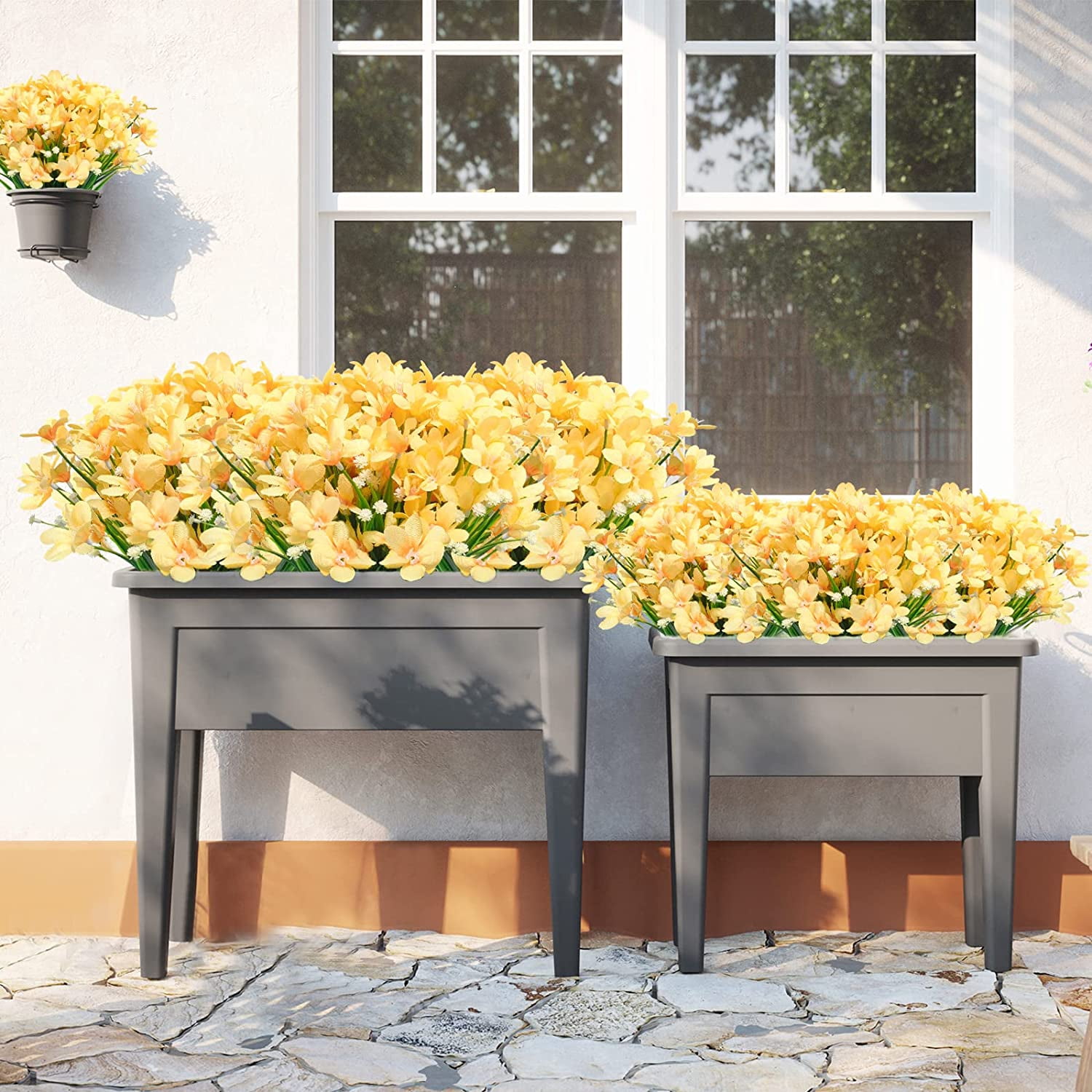 MAMOWEAR 4/8PCS Artificial Daffodils Flowers Outdoor UV Resistant Fake Silk Flowers Faux Plastic Greenery Shrubs Garden Porch Window Box Decoration