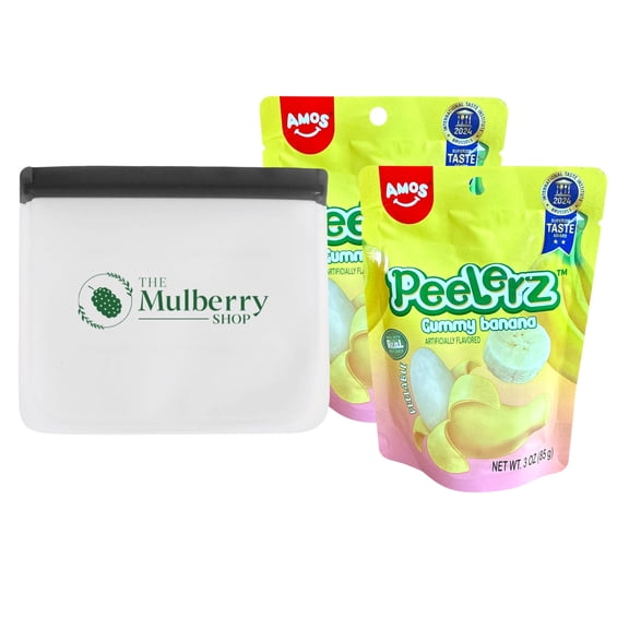 Amos Peelerz Gummy Banana - Made with Real Fruit Juice, Peelable Gummy Candy 3 oz (Pack of 2) With Reusable Snack Bag By The Mulberry Shop