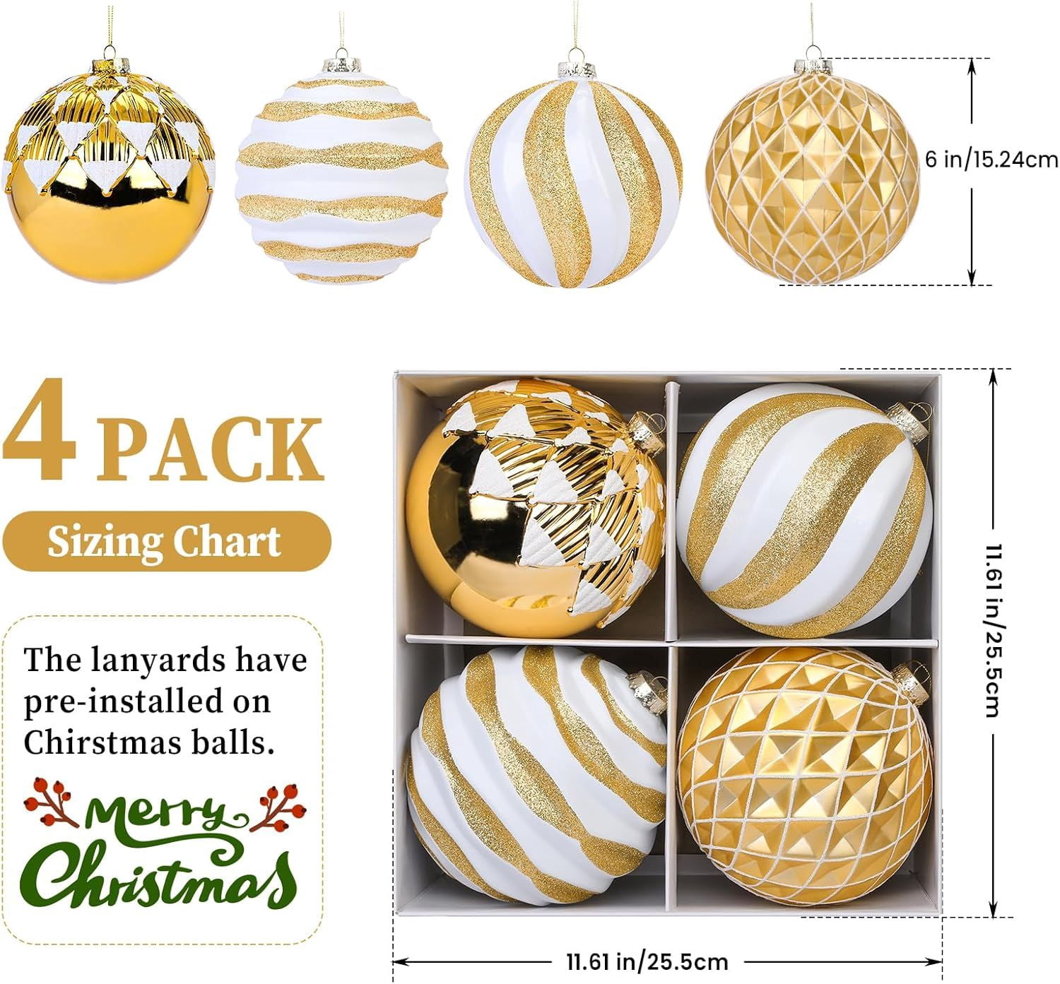 6"/150mm Large Christmas Ball Ornaments, 4Pcs Christmas Tree Decor, Shatterproof Hanging Decorations with Hooks, White & Silver Baubles for Xmas Tree, Wedding, Holiday and Party Decor
