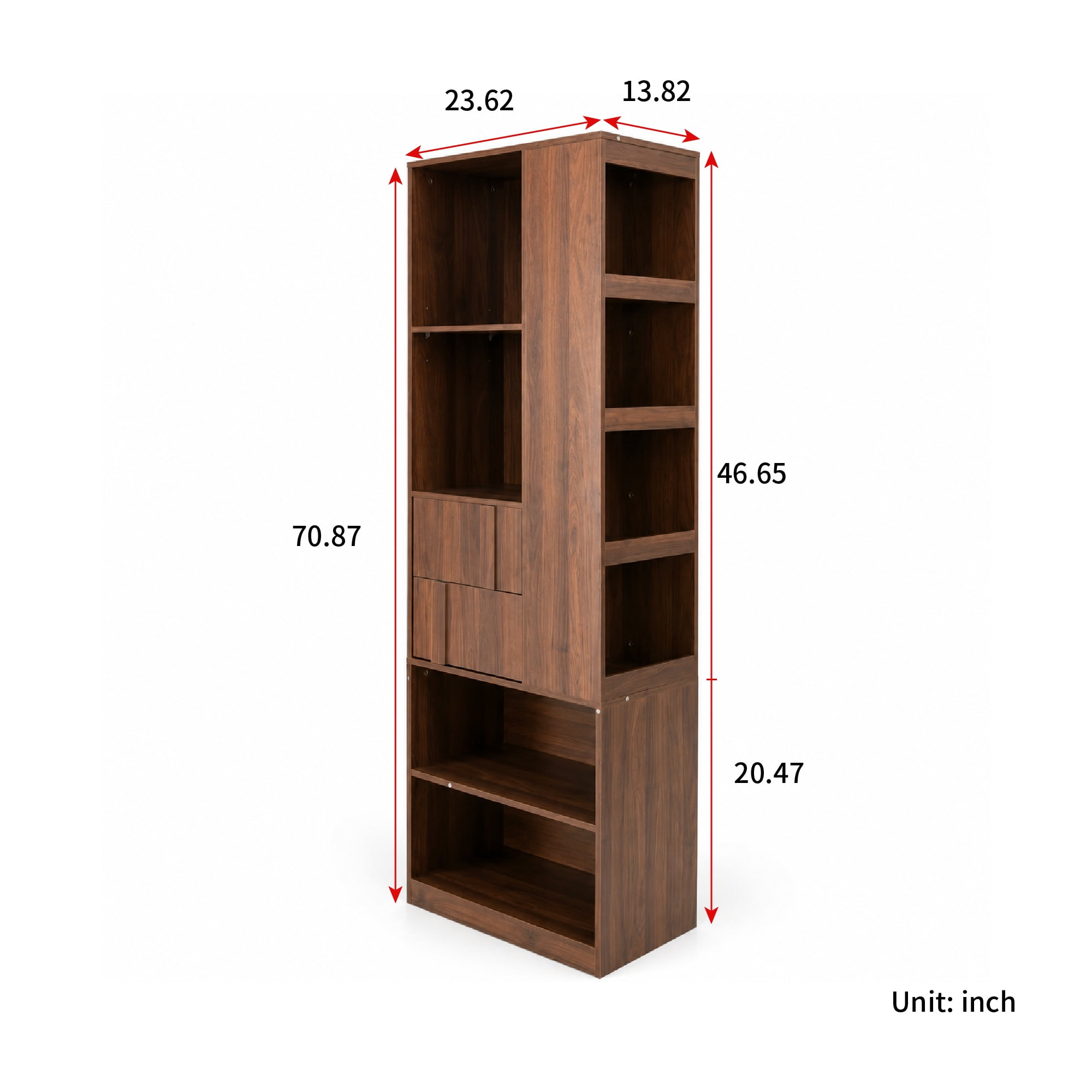 71" Tall Bookshelf Freestanding Bookcase Storage Cabinet with Drawers & Open Shelves