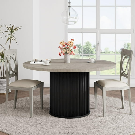 Huisuilinss Round Dining Table For 4-6 People,47" Farmhouse Dining Table,Circle Kitchen Table With Sturdy Waveform Metal Pedestal Base,Wood Dinner Table For Dining Living Room Kitchen(Table Only)