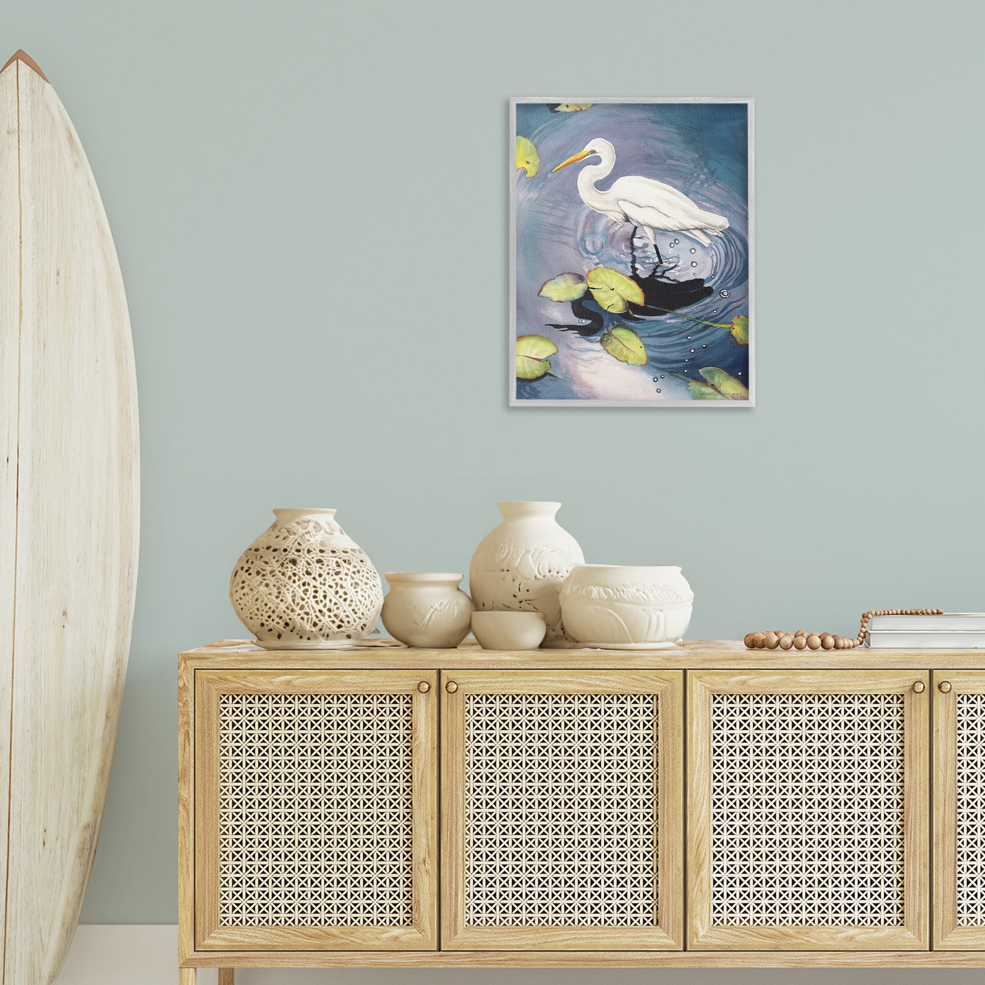 Stupell Industries Heron with Pond Ripples Animals & Insects Painting Gray Framed Art Print Wall Art, 24 x 30
