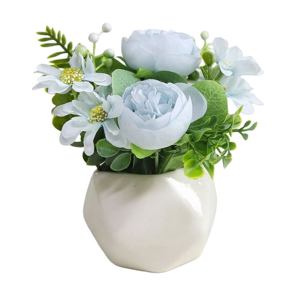 Artificial Peony Potted Plant, Faux Peony Arrangement in Geometric Planter, Fake Peony Plant for Home Office Desk Table Decor, Silk Peony Centerpiece for Living Room Bedroom Wedding Decoration