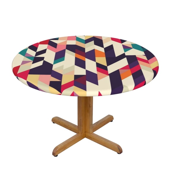 Colorful Geometry Round Fitted Tablecloths Table Covers Wipeable Waterproof Elastic for Kitchen Dinning Parties Wedding Picnic Medium Fits 45-50 Inch Table Size