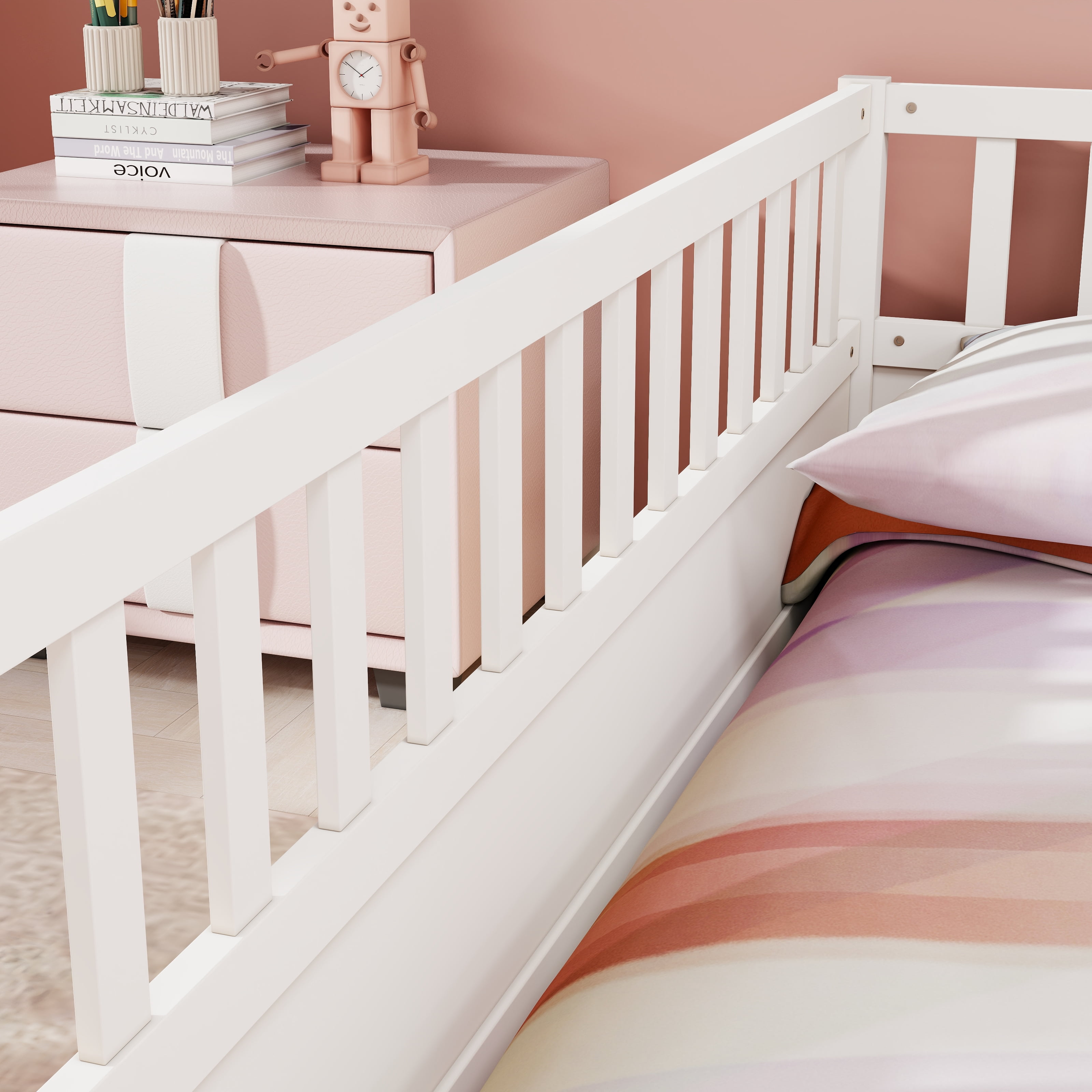 Wood Floor Bed with Fence and Door for Kids, Full, White