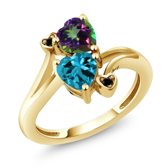 Gem Stone King 18K Yellow Gold Plated Silver Green Mystic Topaz London Blue Topaz and Black Diamond Ring for Women (1.93 Cttw, Heart Shape 6MM, Gemstone Birthstone, Size 6)