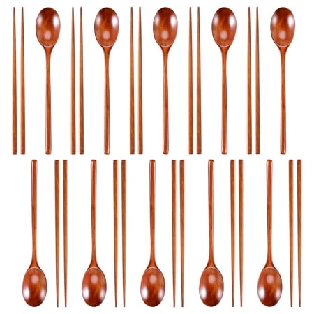 

20Pcs Long Handle Wooden Spoon and Chopsticks Set Flatware Reusable Tableware Combination Utensils for Eating Food