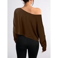 thumbnail image 2 of Womens Off Shoulder Long Sleeve Crop Tops Boat Neck Loose Asymmetry T Shirt (Coffee M), 2 of 5