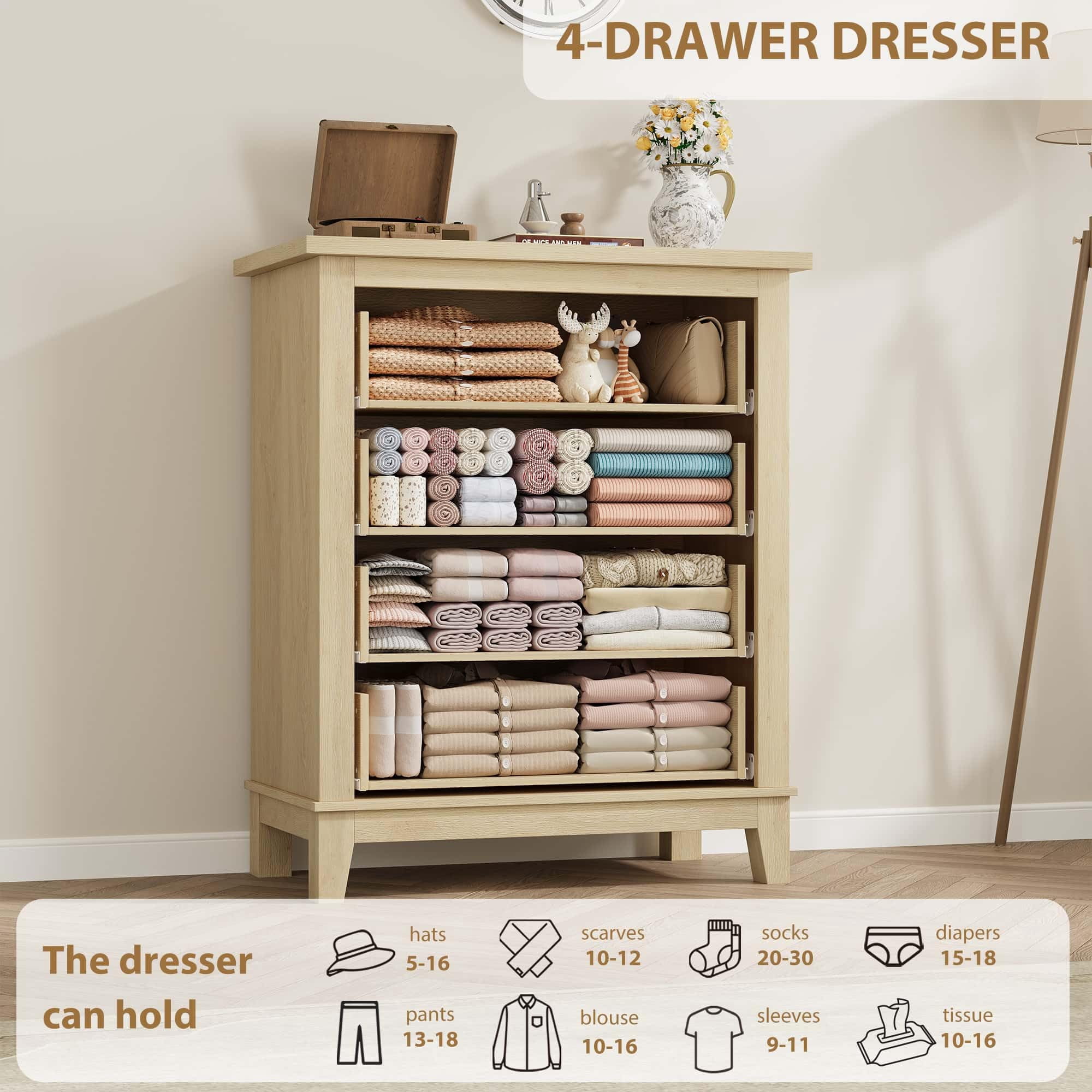 Dresser for Bedroom, 4-Drawer Chest of Drawers, Wooden Storage Dresser with Large Drawers for Living Room, Natural