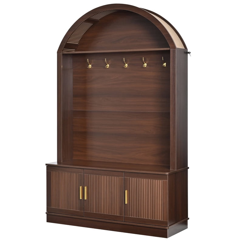 Farmhouse Hall Tree with Arched Top, Mid-Century Fluted Door Entryway Bench with Storage Cabinets & Adjustable Shelves, Coat Rack with 5 Metal Hooks for Hallway
