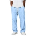 thumbnail image 2 of Domuza Mens Linen Pants Casual Summer Beach Pants Elastic Waist Drawstring Lightweight Vacation Trousers with Pockets Light Blue 2XL, 2 of 6