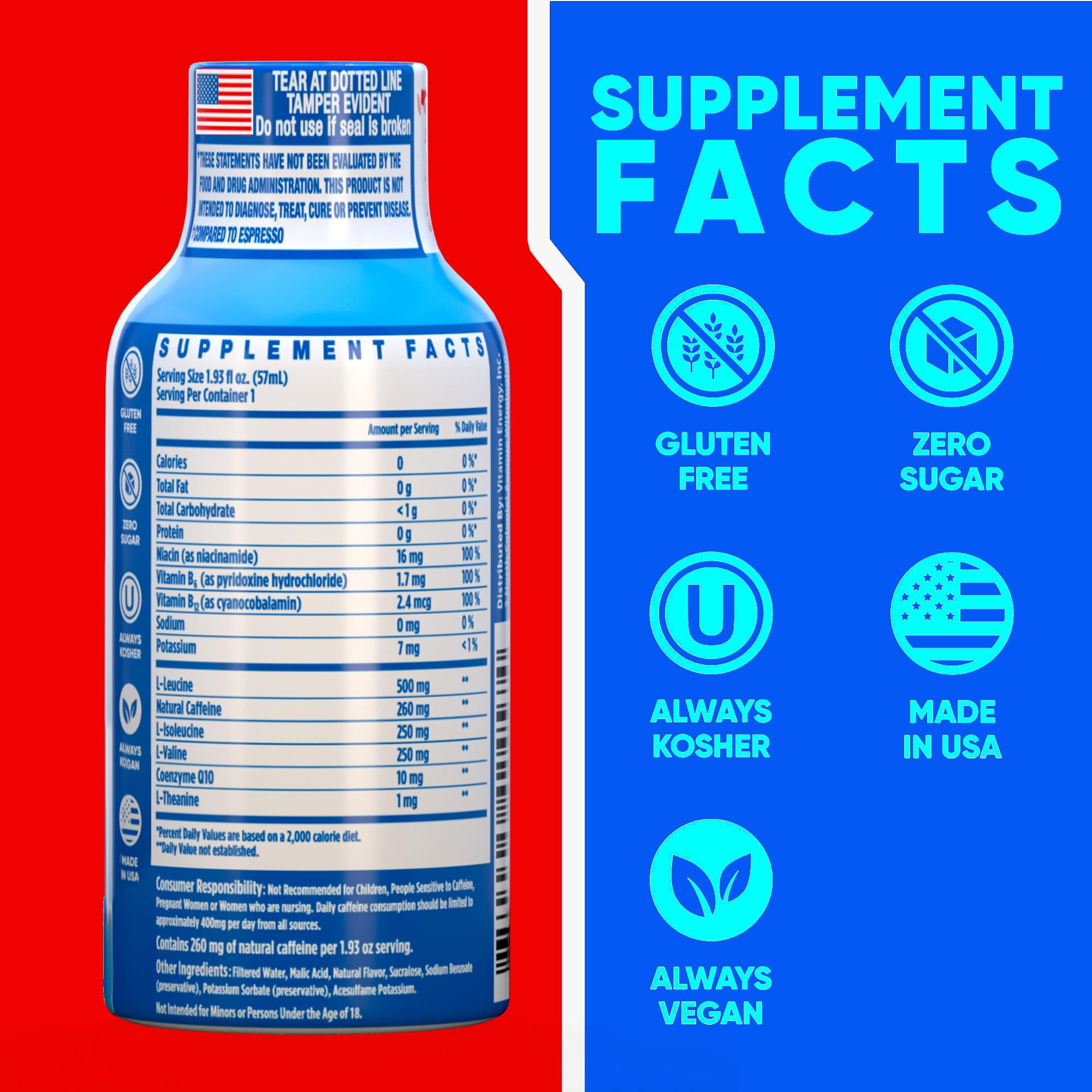 Vitamin Energy Hydration+ Shot, Blue Raspberry, 24 Pack – 260mg Natural Caffeine, Electrolytes & BCAAs, Zero Sugar, 1.93 fl oz