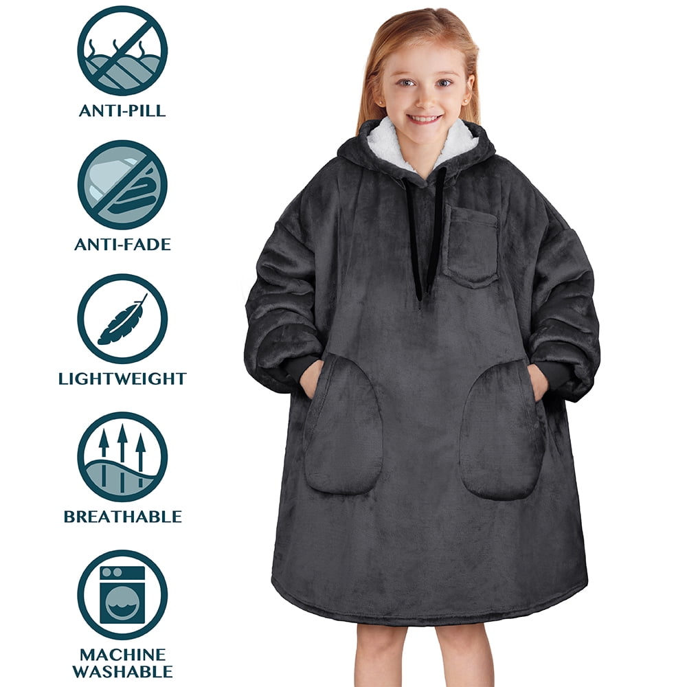 PAVILIA Wearable Blanket Sweatshirt for Kids Boy Girl, Warm Cozy Giant Hoodie with Two Pockets and Long Sleeves, Fleece Sherpa Oversized Hooded Blanket Pullover Gift for Teens Youths, Gray