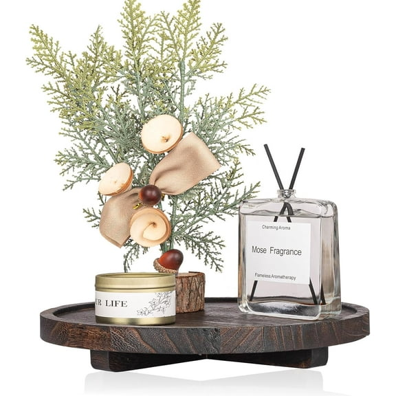 Round Decorative Tray Wood Bathroom Counter Organizer Farmhouse Kitchen Decor Wooden Riser for Soap Dish, Perfume, Candle, Sponge, 10" - Dark Brown