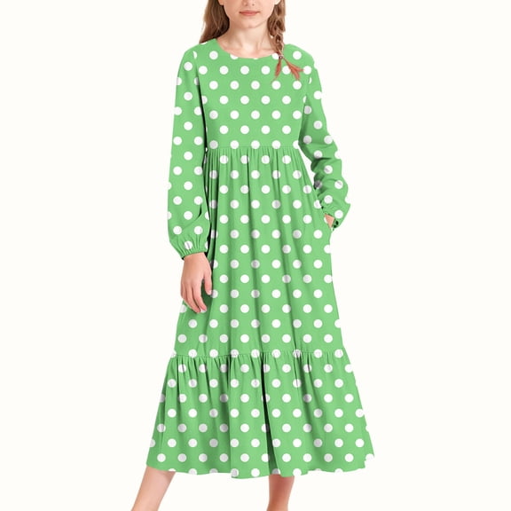 Girls Dress Puff Long Sleeve Cotton Round Neck Kids Casual T-Shirt Dresses with Pockets Tiered High Waist Swing A-line Fall Tween Dress Green 6-7Years