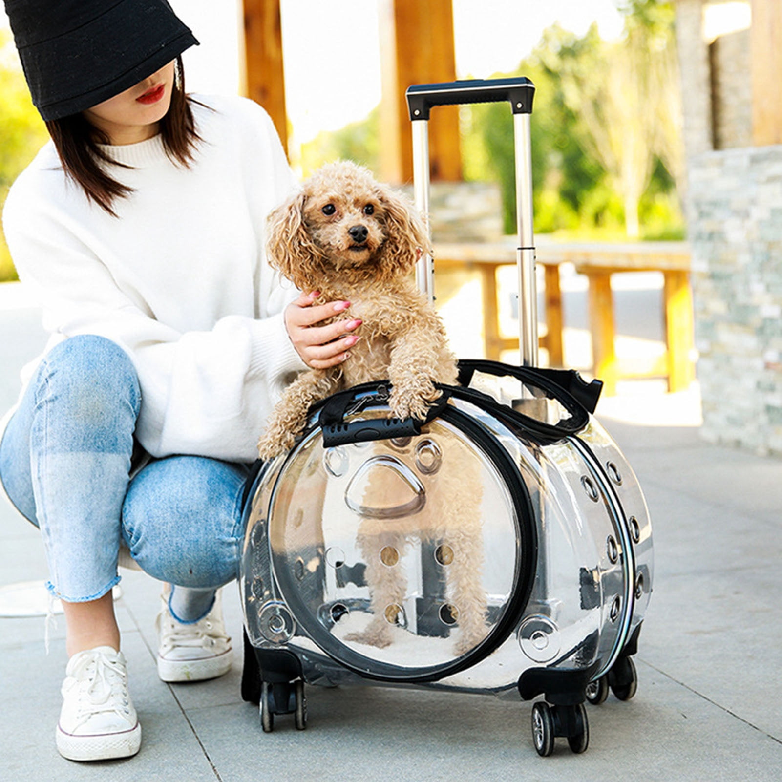SHUO Y - Pet Trolley Case Clear Ventilation Holes Silent Wheels Convenient Portable Cats Dogs Backpack for Travel  (Black)