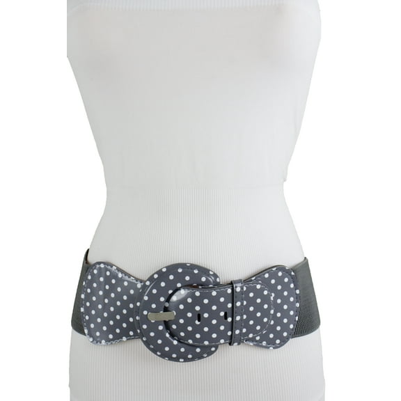 Women Grey White Polka Dots Elastic Fashion Belt Size S M