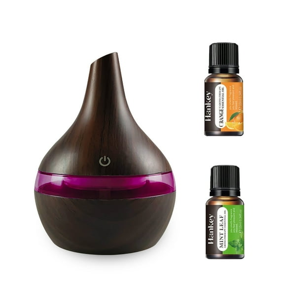 BRJSQ Ultra Quiet 300ml USB Humidifier for Home Wood Grain Aroma Diffuser with Cool Mist & 2 Essential Oils