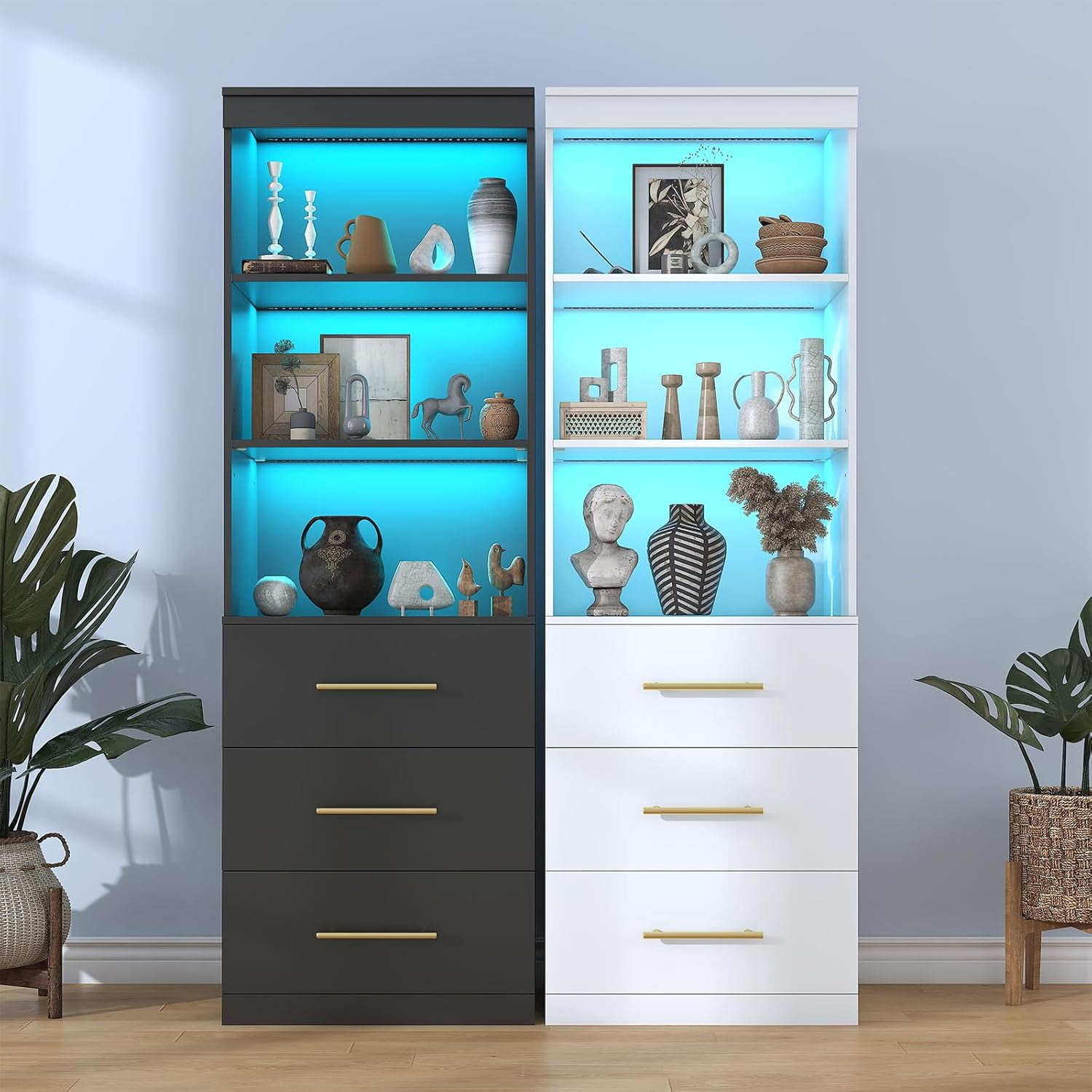 Winkalon 71" H Black Bookshelf with Drawers, Bookshelf and Bookcase with 3-Tier Open Shelves, Tall Bookcase Tall Storage Cabinet for Home Office