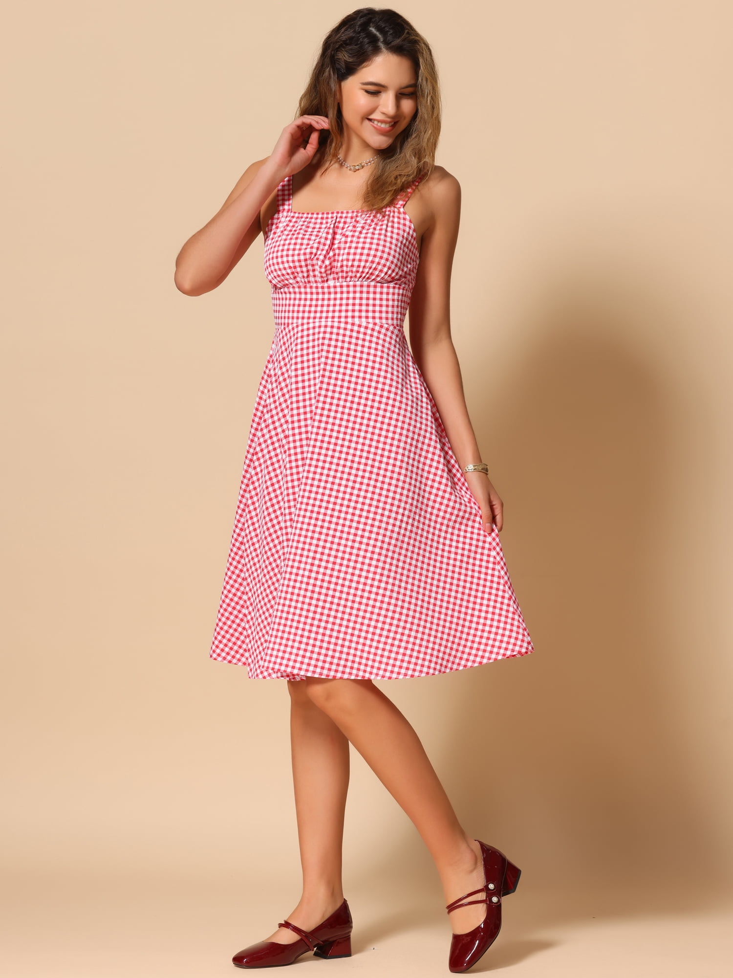 DARING DIVA Sleeveless Plaid Ruched A-Line Flowy Midi Dress M Red