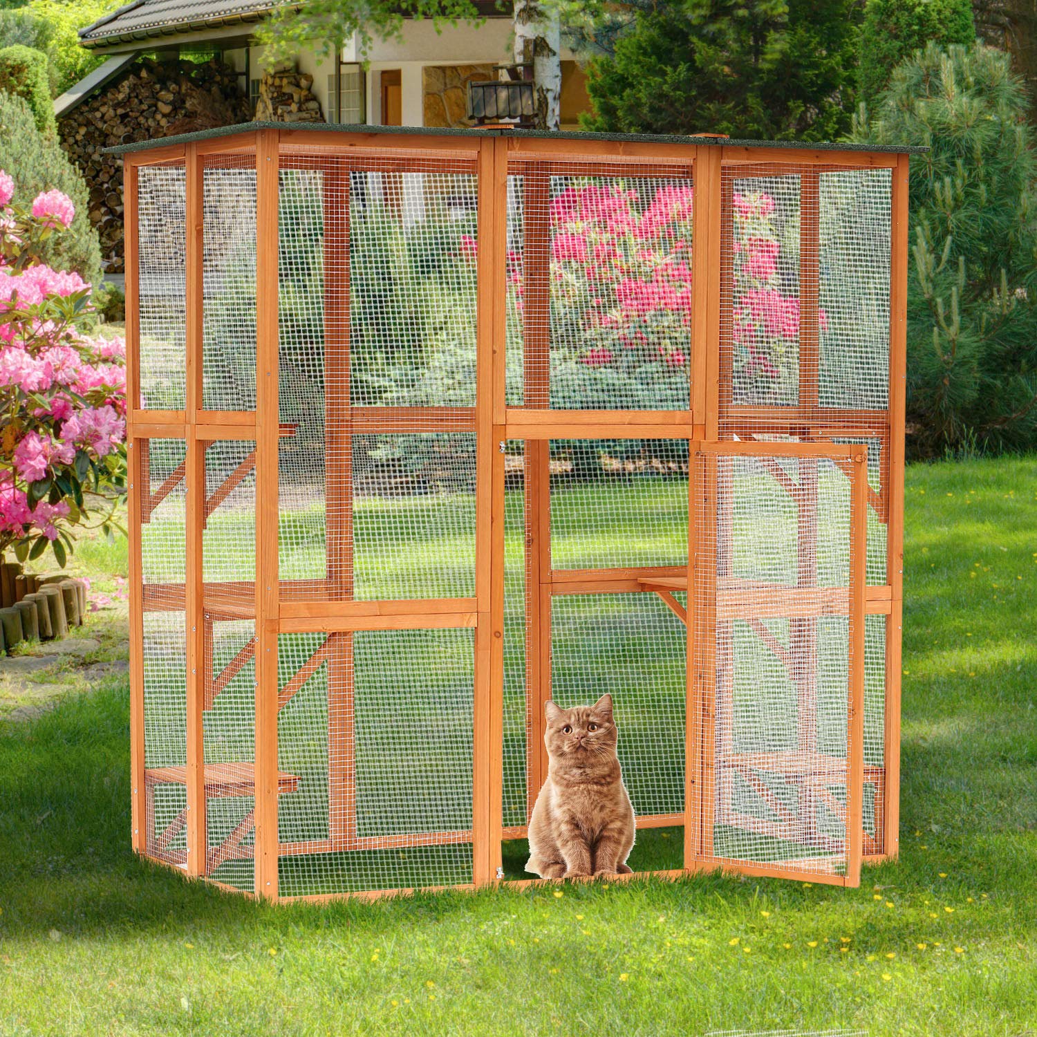 Wooden Outdoor Cat House Large Catio Enclosure for Multiple Cats, Spacious Interior with 6 High Ledges, Weatherproof Asphalt Roof, Durable Fir Wood Construction, 71 Inch Length, Orange