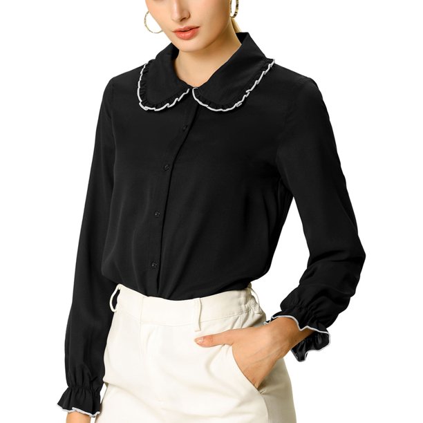 Unique Bargains - Women's Sweet Ruffle Peter Pan Collar Long Sleeves ...