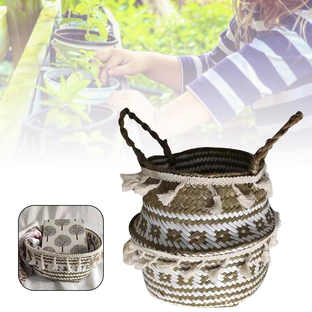 Woven Seagrass Belly Basket for Storage Plant Pot Laundry Grocery Picnic Basket 
