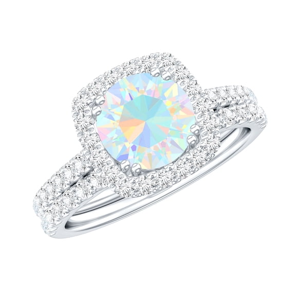 Rosec Jewels Classic Ethiopian Opal Wedding Ring Set - 2 Carat Opal Engagement Ring with Band - AAA Quality - with Jewelry Box, 925 Sterling Silver, US 4.00
