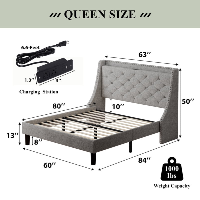 iPormis Queen Bed Frame with Upholstered Wingback Button Tufted Storage Headboard, Luxurious Platform Bed with Charging Station, Sturdy Wooden Slats Support,No Box Spring Needed,Light Gray