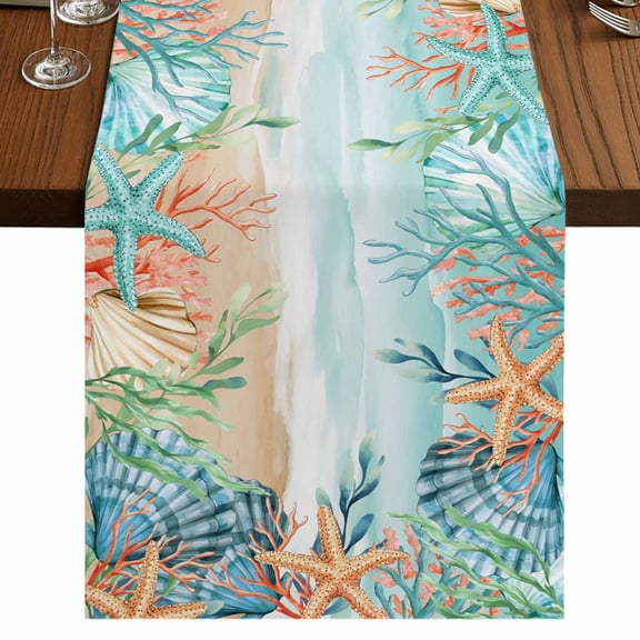 Table Runners 48 Inches Long Dress Scarves, Ocean Coastal Farmhouse Kitchen/Dining Table Runner, Short Coffee Tablerunners, Summer Nautical Beach Coral Starfish 13x48 Inch