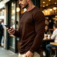 thumbnail image 5 of Domuza Mens Long Sleeve Shirt with Pocket Crew Neck Shirts Casual Solid Lightweight Basic T-Shirt Brown L, 5 of 8