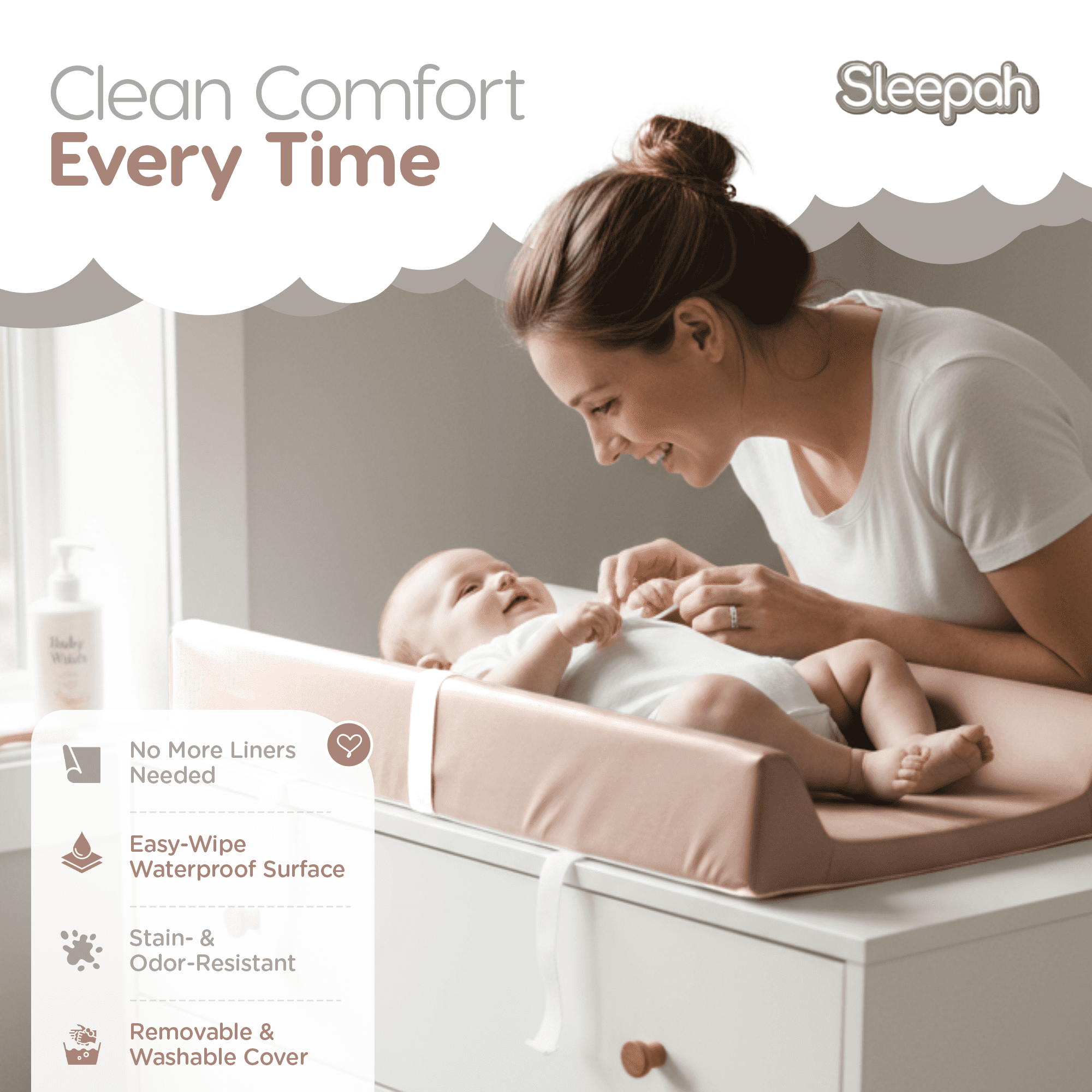Waterproof Diaper Changing Pad by Sleepah – Vegan Leather – Wipeable Foam Changing Pad for Dresser or Table with Removable, Machine-Washable Cover – Standard Size Diaper Changing Pad – Tan