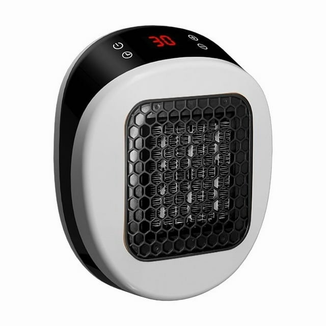 Calefactor cerámico de 600 W, enchufable, de pared, para interiores, con termostato ajustable, temporizador y pantalla LED, y ventilador de aire caliente.