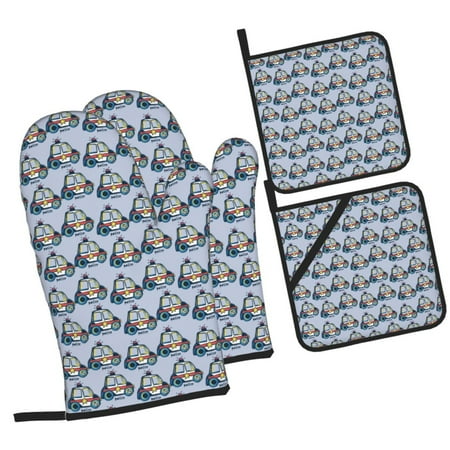 

Zeuib Police Car Oven Mitts and Potholders BBQ Gloves Kitchen Oven Glove High Heat Resistant 500 Degree Extra Long Oven Mitts and Potholder with Non-Slip Silicone Surface for Cooking