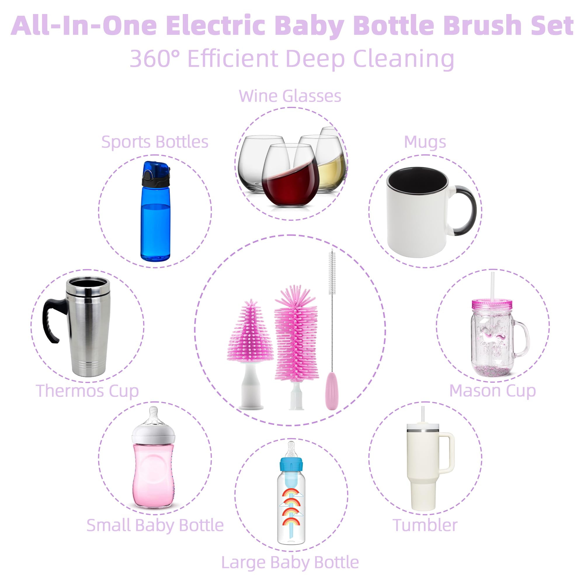 Electric Bottle Brush Cleaner, Portable Rechargable Baby Bottle Brush Kit for Travel with Silicone Nipple & Straw Brush, Drainage Rack, Storage Box, Perfect Essentials Gift for Mom After Birth