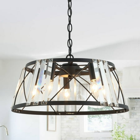 

Farmhouse Modern 5-Light Metal Frame Crystal Drum Chandelier - 18-in W Black Matte