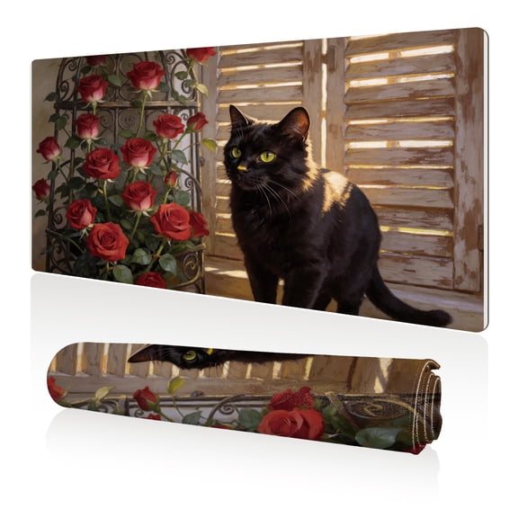 LIVEKEY Mouse Pad 80x40cm Extra Large Non Slip Stitched Durable Easy Clean Black Cat with Red Roses Shutters for Gaming Office
