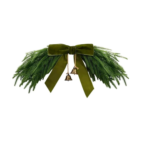 20 Inch Christmas Mirror Garland with Bell, Small Artificial Christmas Swag Greenery Norfolk Pine Swag for Mirror Front Door Stairs Rustic Brown Velvet Bow Xmas Mailbox Wreaths Winter Holiday Decor