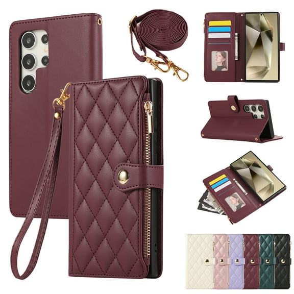 for Samsung Galaxy S23 Ultra Wallet Case with Zipper Pocket Card Holder & Crossbody Lanyard Strap & Wrist Strap, Flip Stand PU Leather Magnetic Folio Purse Case for Galaxy S23 Ultra, Winered