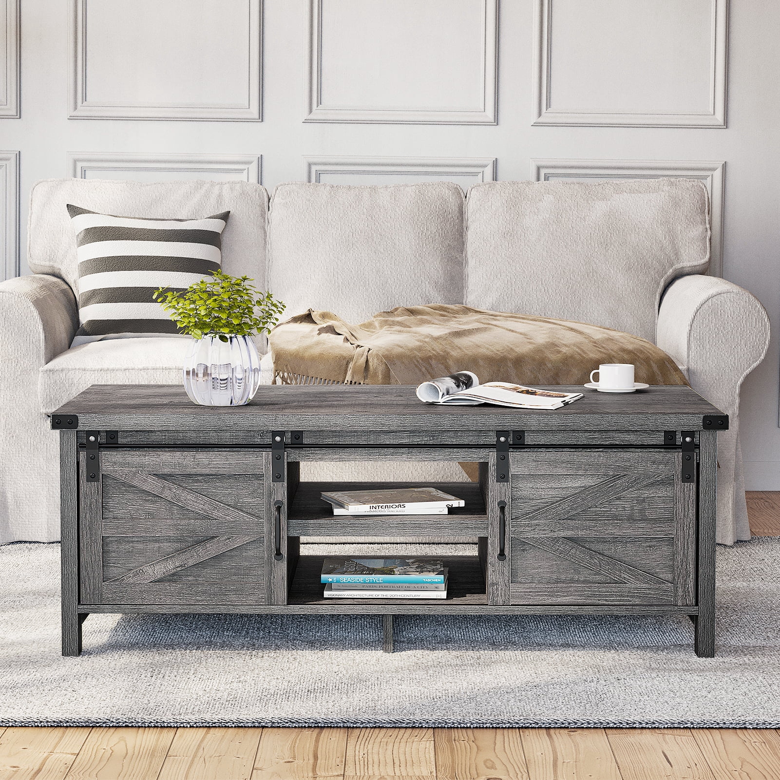 Yaoping 48" Modern Farmhouse Coffee Table with Adjustable Storage Cabinets Shelves, Modern Coffee Table for Living Room with Sliding Barn Door