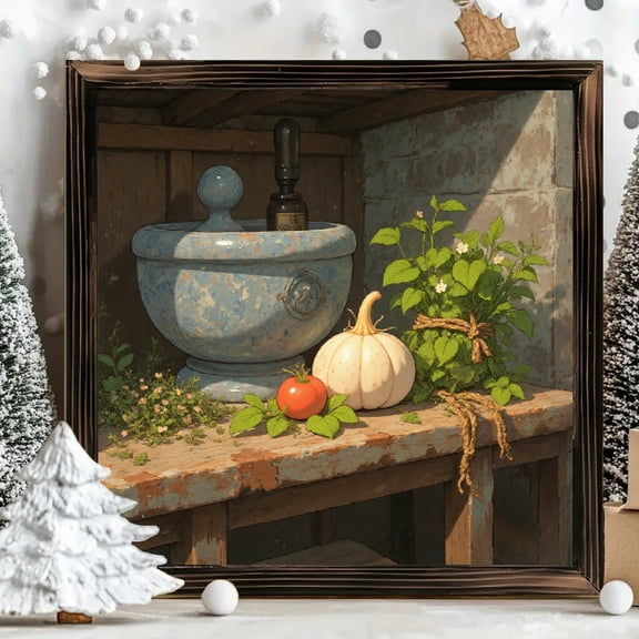 8x8 Inch Framed Wood Wall Art, Rustic Still Life Herb and Vegetable Harvest Print on Square Wooden Board, Decorative Kitchen and Farmhouse Wall Decor 1pc