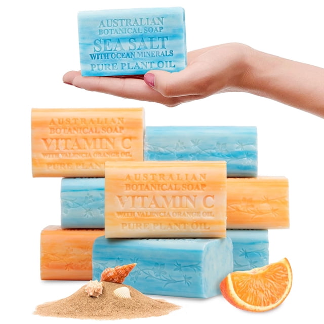 Jabón australiano, variedad botánica, paquete 4, naranja de Valencia, 4 sales marinas, 187 g